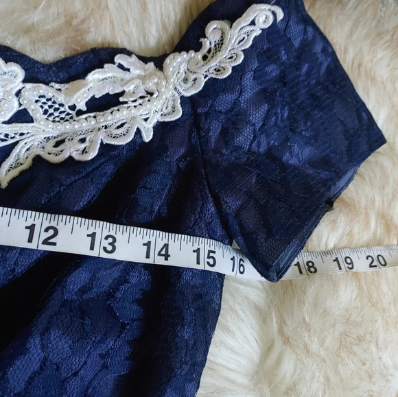 Vtg 80s Navy Lace Scalloped Evening Wedding Prom Cocktail Full Skirt Dress S - Picture 7 of 8